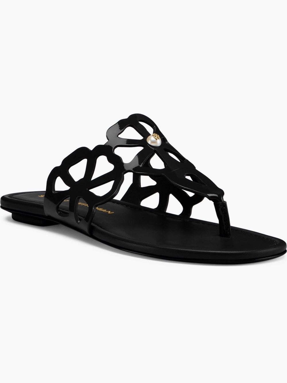 Stuart Weitzman Jasmine Black Floral Cutout Thong Sandal with Gold Studs